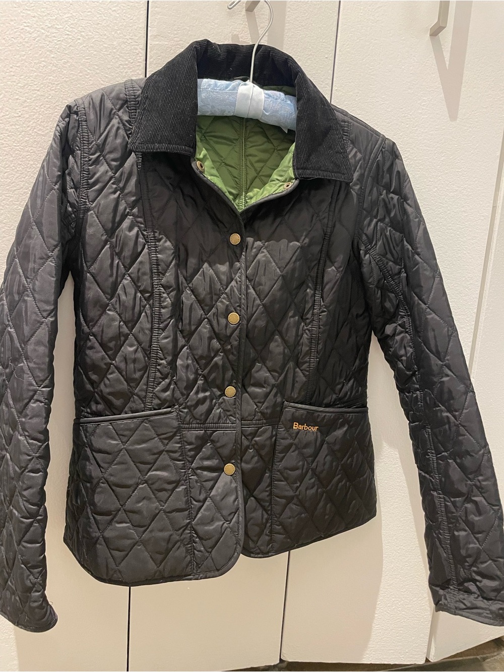 Barbour Black Quilted Puffer Jacket with Green Lining